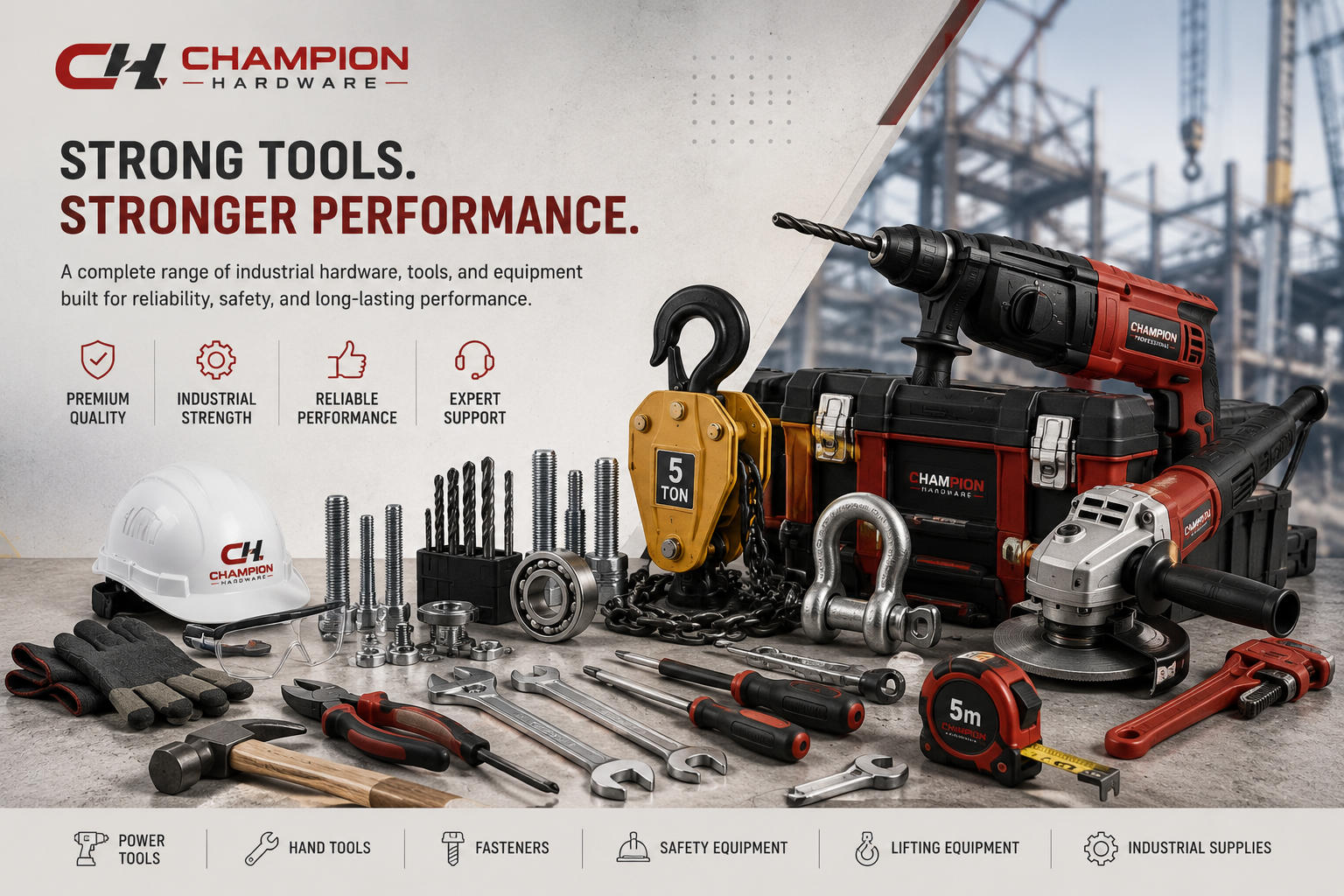 Champion Industrial Hardware performance graphic featuring industrial tools and equipment